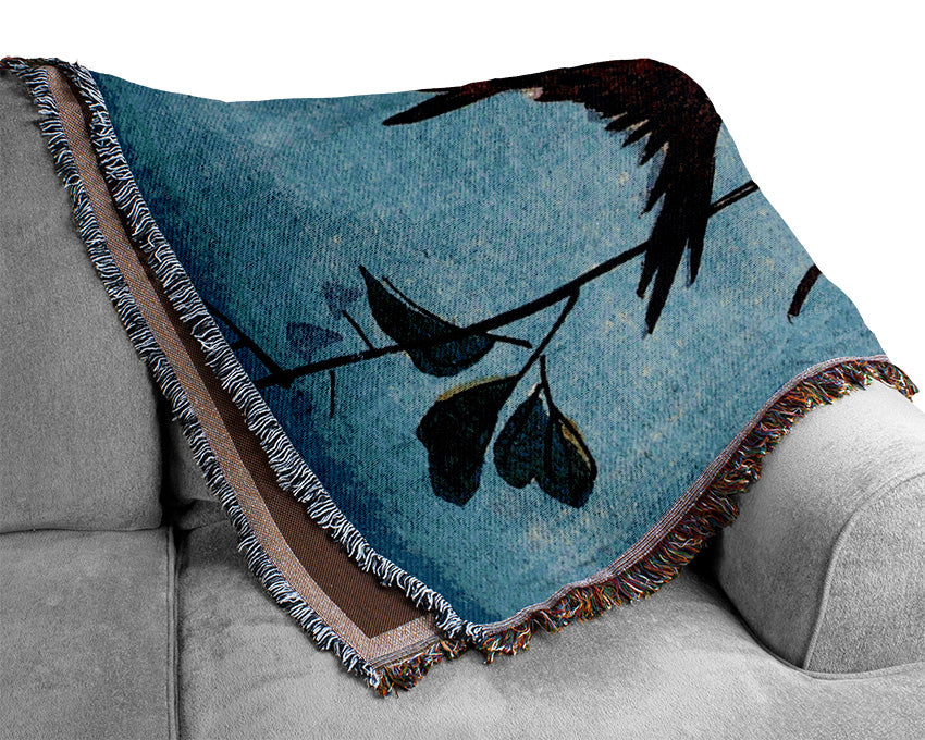 Hiroshige Sparrows And Wild Rose Woven Blanket