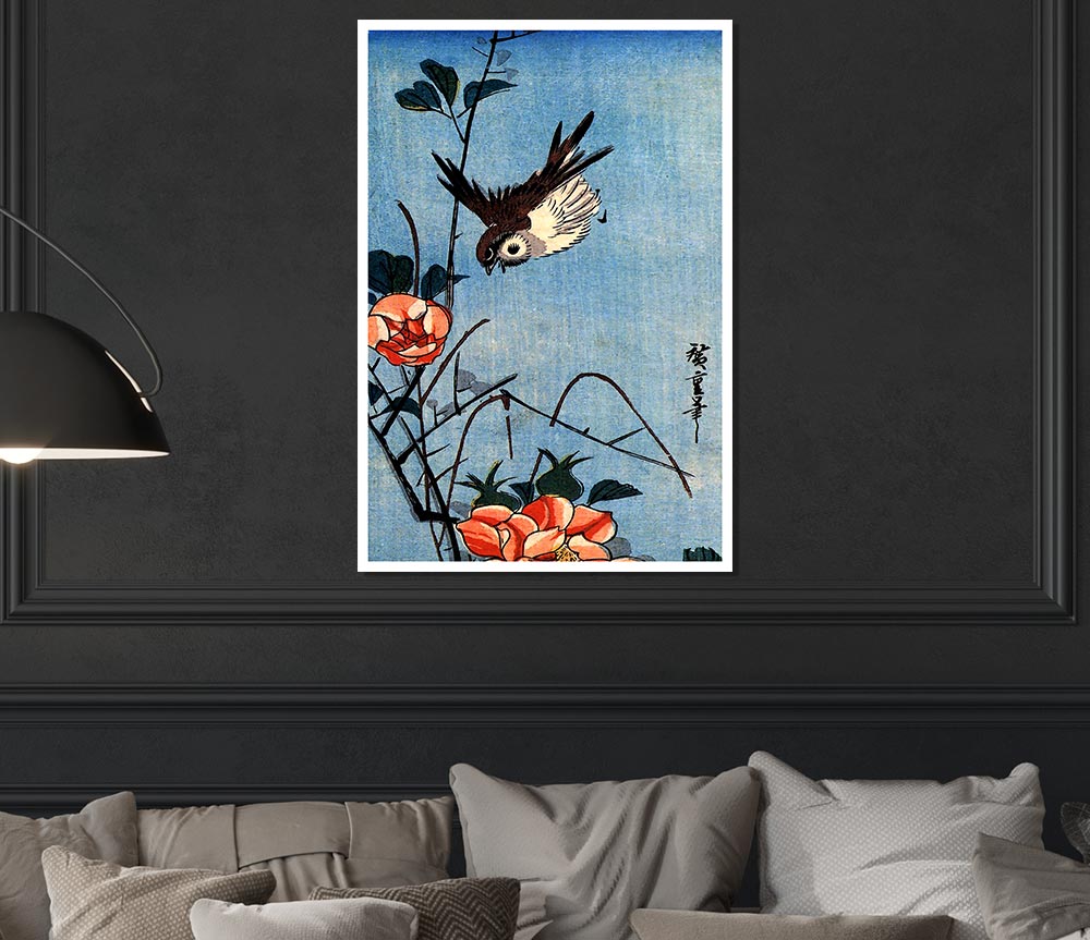 Hiroshige Sparrows And Wild Rose Print Poster Wall Art