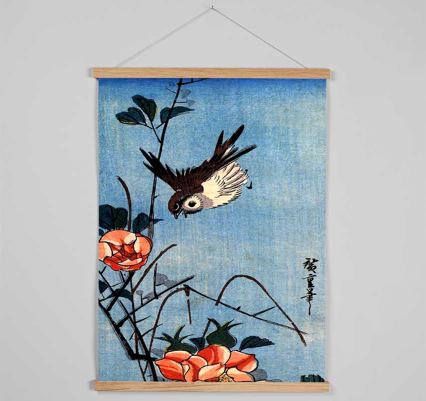 Hiroshige Sparrows And Wild Rose Hanging Poster - Wallart-Direct UK