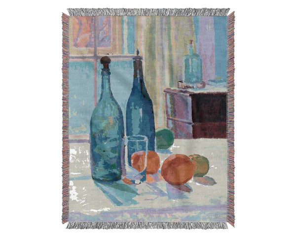 Spencer Frederick Gore Blue And Green Bottles And Oranges Woven Blanket