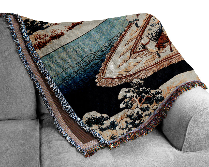 Hokusai The Swimming Bridge Of Sano Woven Blanket