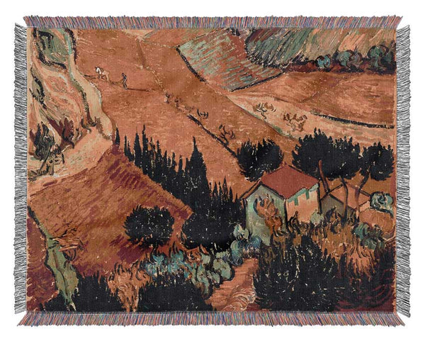 Van Gogh Landscape With House And Ploughman Woven Blanket