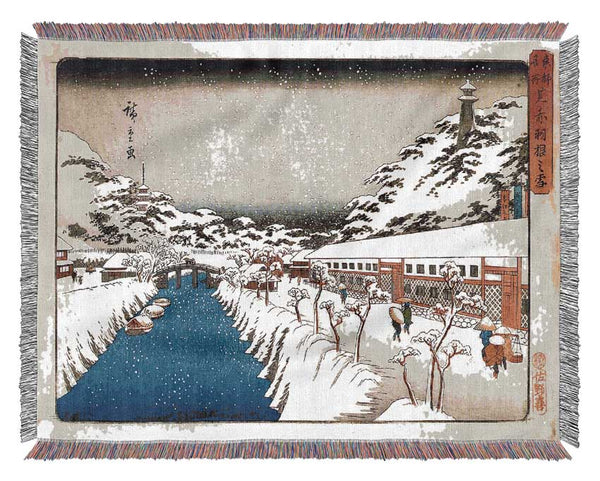 Hiroshige View Of A Canal In The Snow Woven Blanket