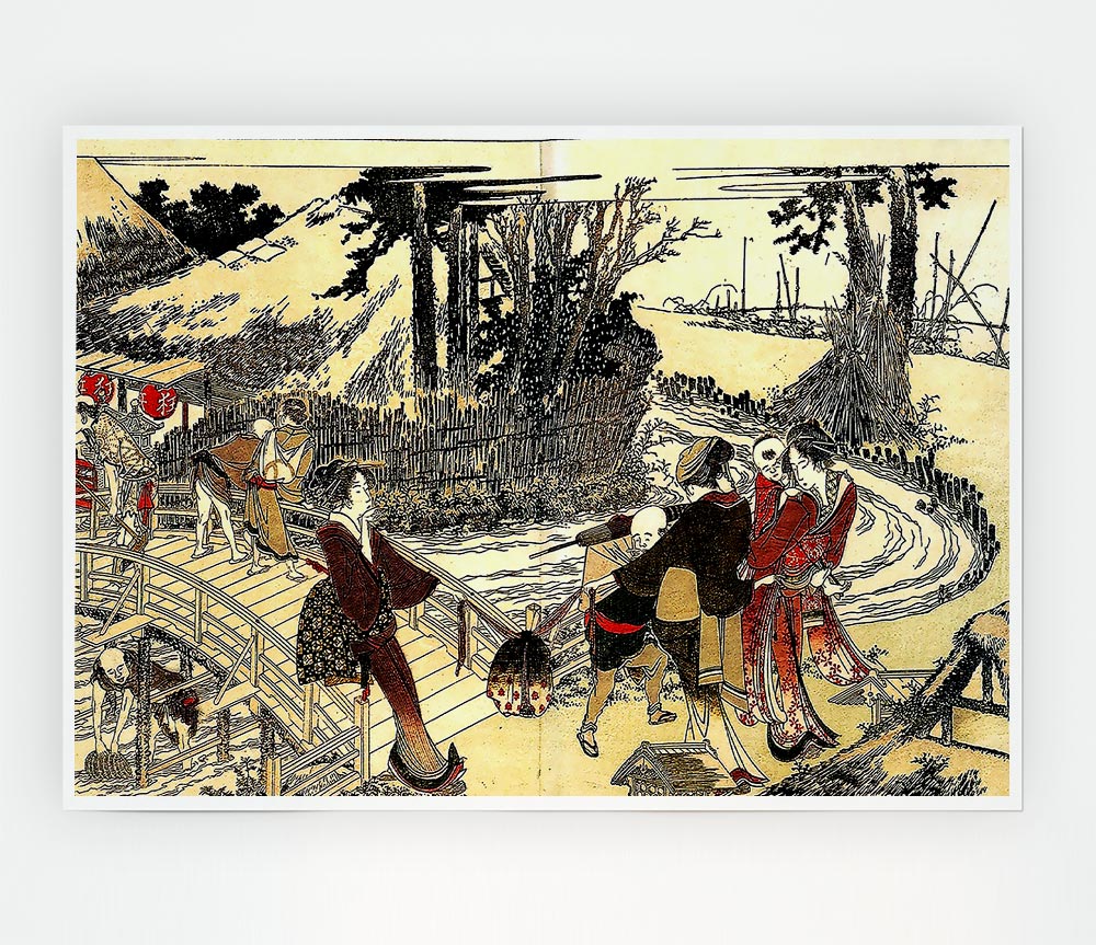 Hokusai Village Near A Bridge Print Poster Wall Art