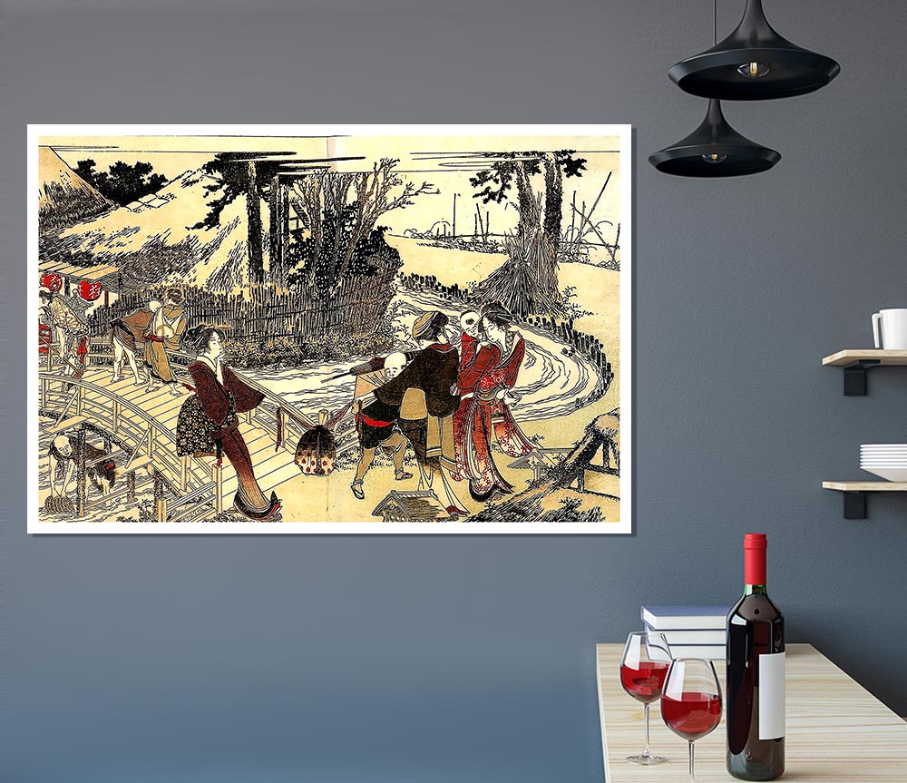 Hokusai Village Near A Bridge Print Poster Wall Art