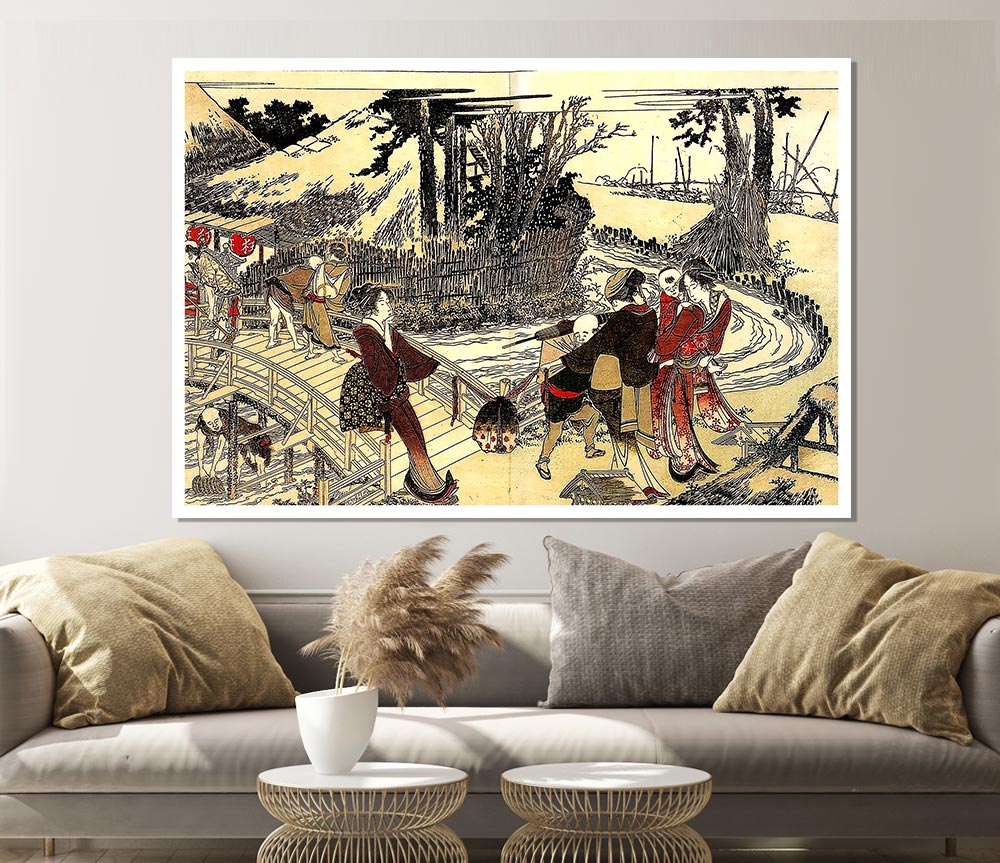 Hokusai Village Near A Bridge Print Poster Wall Art