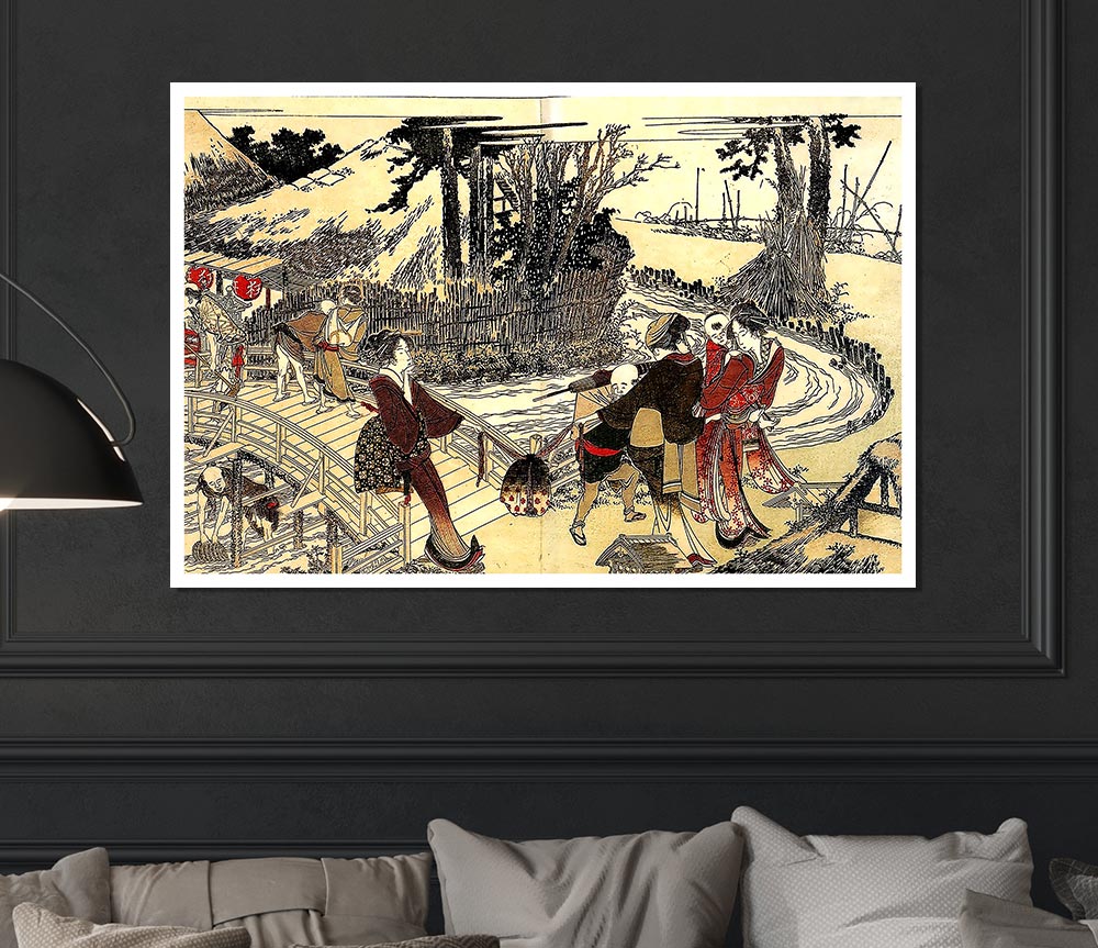 Hokusai Village Near A Bridge Print Poster Wall Art