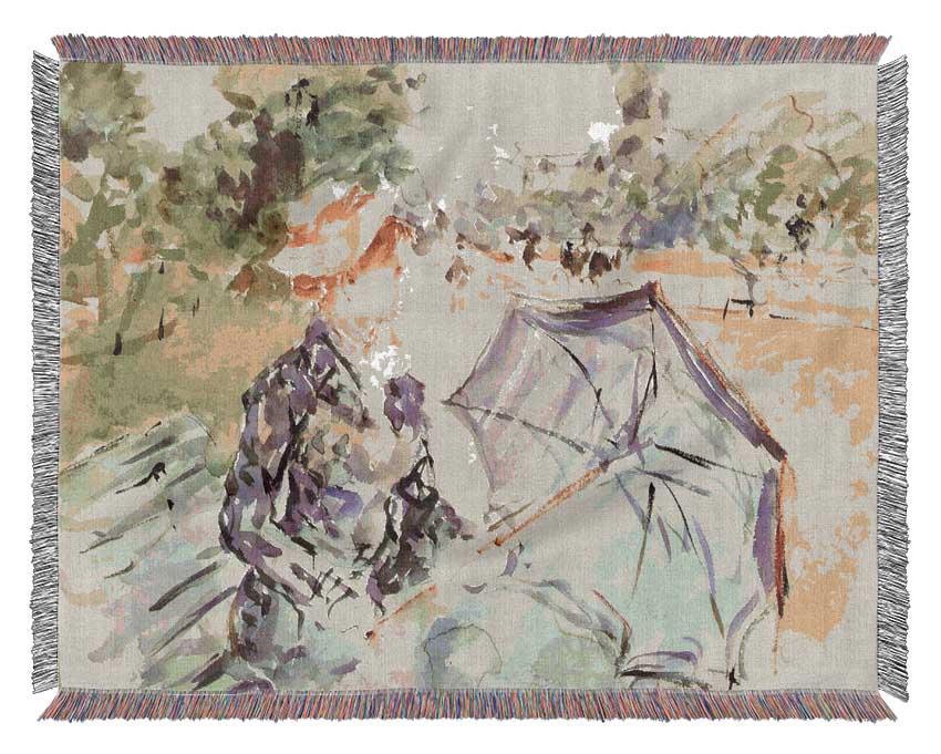 Morisot Woman With Parasol Sitting In The Park Woven Blanket