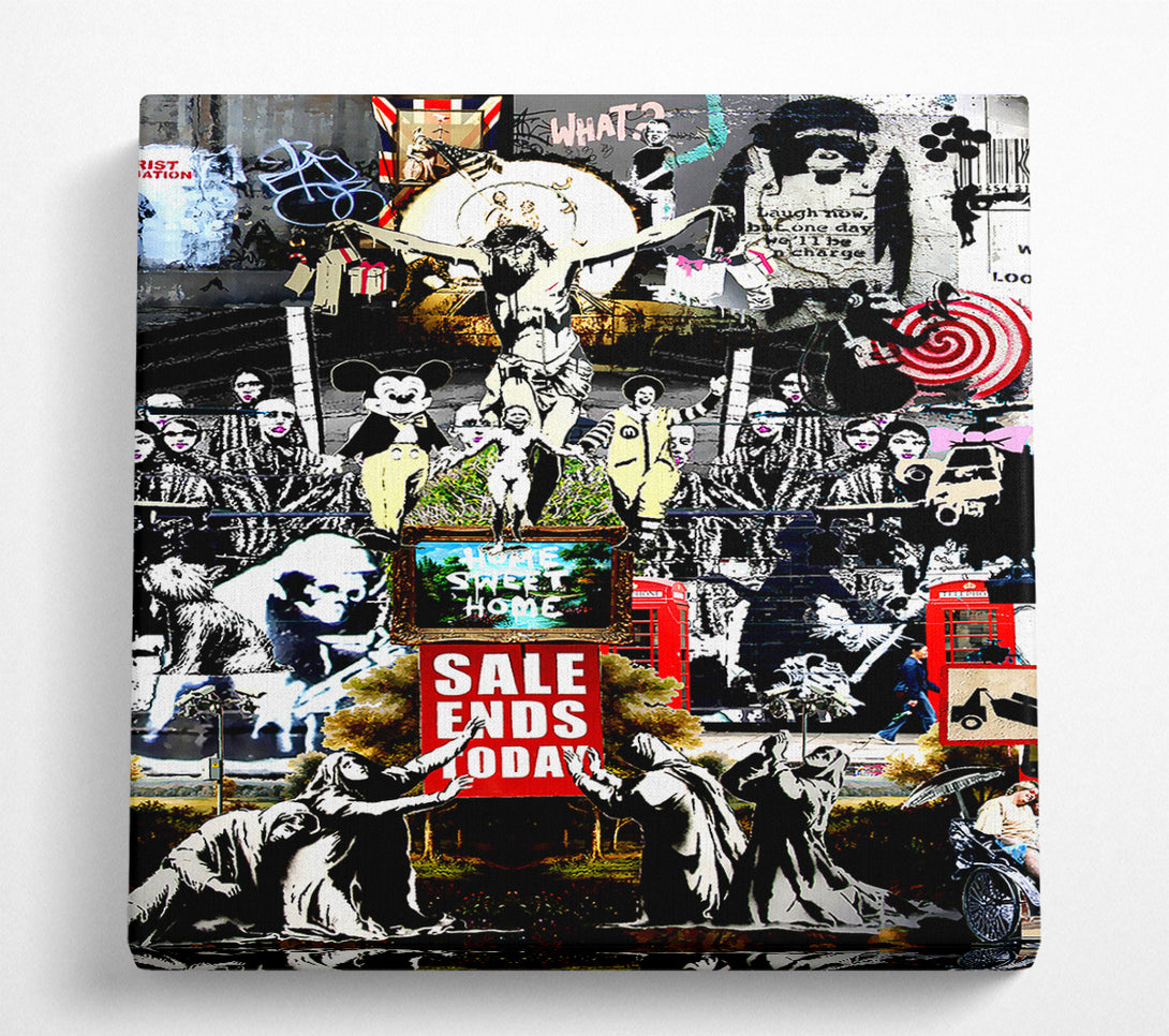 A Square Canvas Print Showing Banksy Collage 3 Square Wall Art