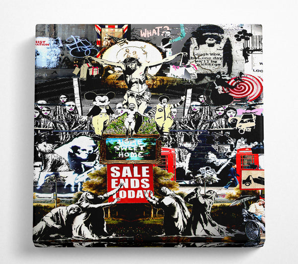 A Square Canvas Print Showing Banksy Collage 3 Square Wall Art