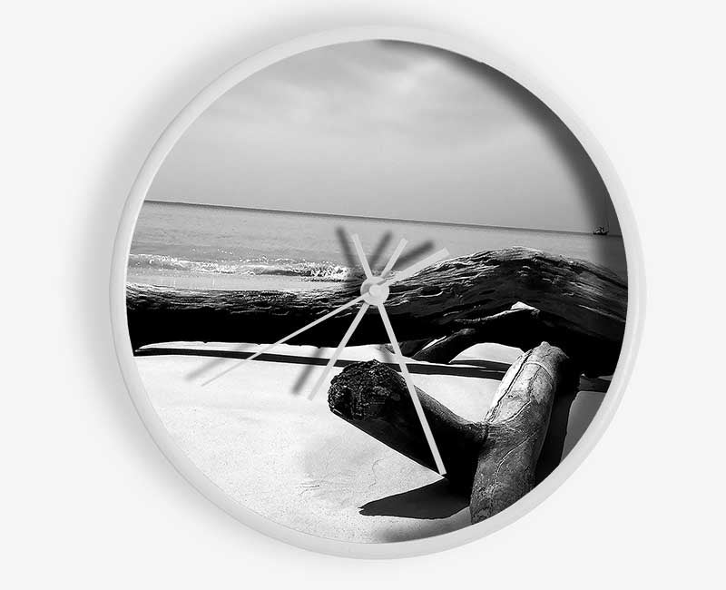 Ocean Drift Wood On The Shore B n W Clock - Wallart-Direct UK