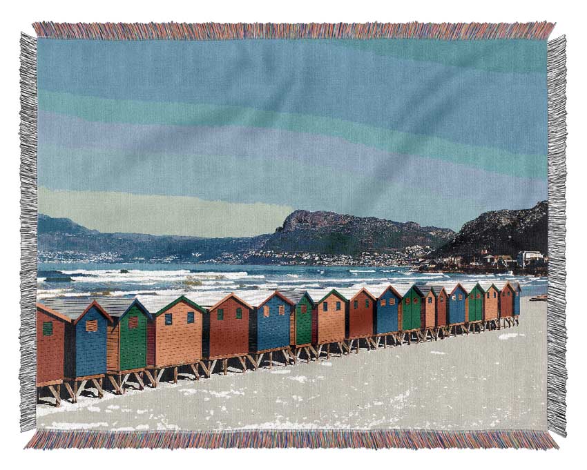 Colourful Beach Hut Line-Up Woven Blanket