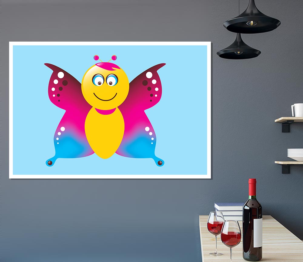 Butterfly Cartoon Face Baby Blue Print Poster Wall Art