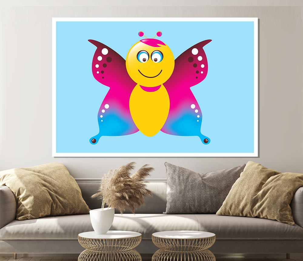 Butterfly Cartoon Face Baby Blue Print Poster Wall Art