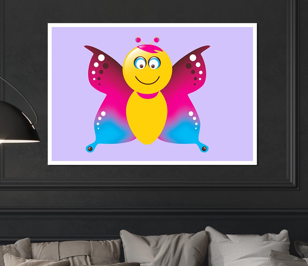 Butterfly Cartoon Face Lilac Print Poster Wall Art