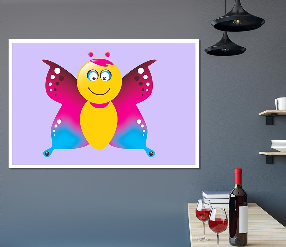 Butterfly Cartoon Face Lilac Print Poster Wall Art