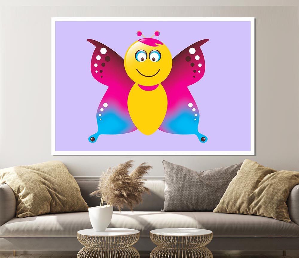 Butterfly Cartoon Face Lilac Print Poster Wall Art