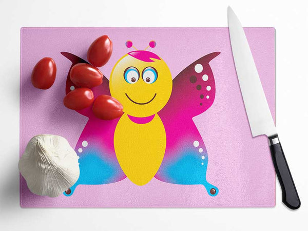 Butterfly Cartoon Face Pink Glass Chopping Board