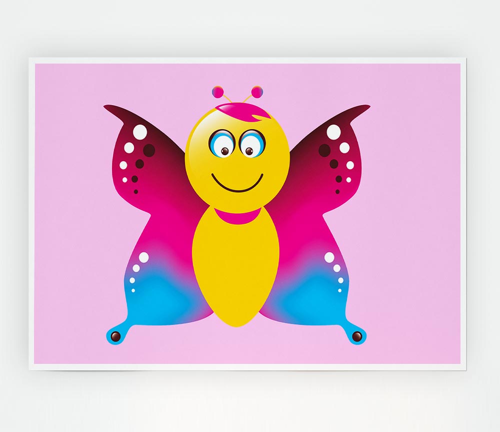 Butterfly Cartoon Face Pink Print Poster Wall Art