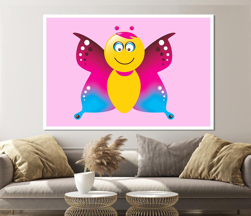 Butterfly Cartoon Face Pink Print Poster Wall Art