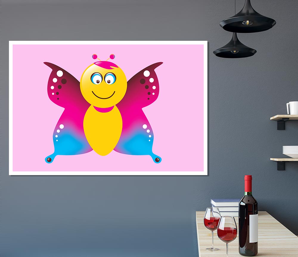 Butterfly Cartoon Face Pink Print Poster Wall Art