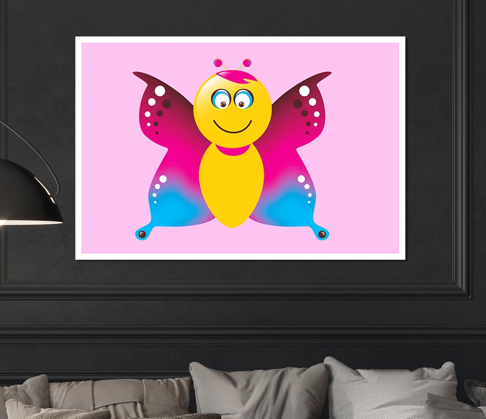 Butterfly Cartoon Face Pink Print Poster Wall Art