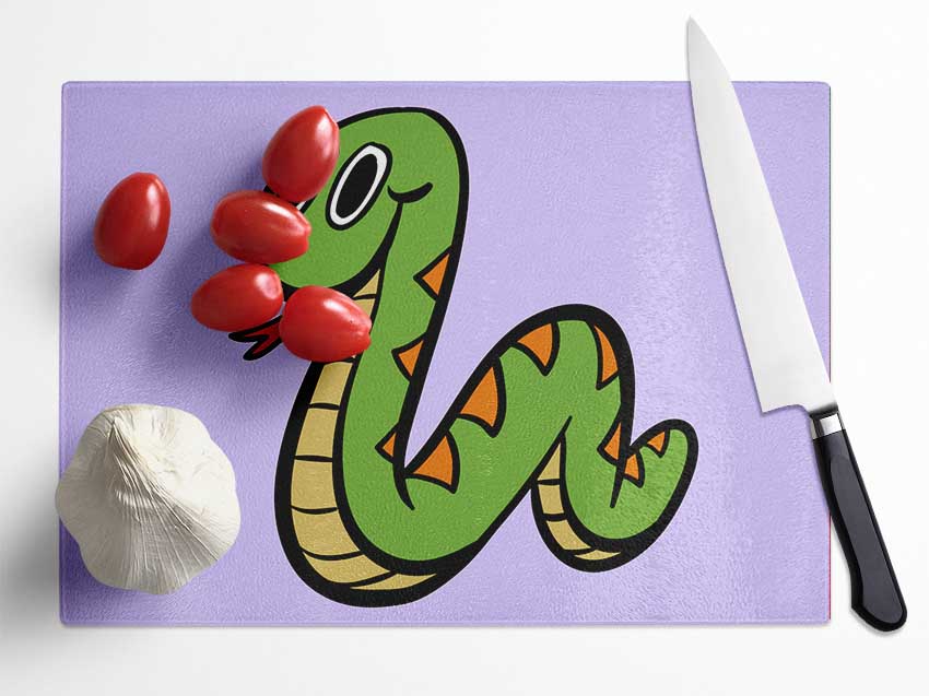 Cartoon Snake Lilac Glass Chopping Board