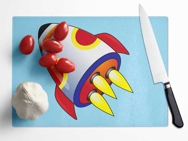 Flying Rocket Ship Baby Blue Glass Chopping Board