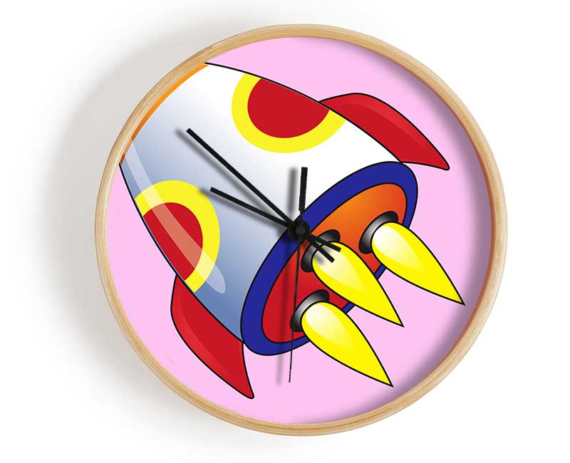 Flying Rocket Ship Pink Clock - Wallart-Direct UK