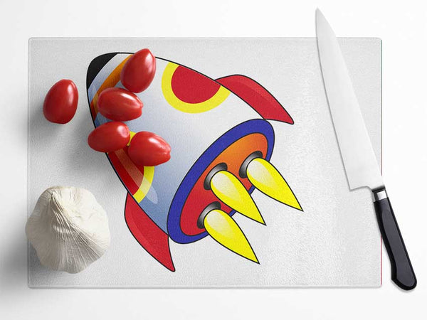 Flying Rocket Ship White Glass Chopping Board