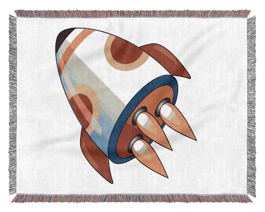 Flying Rocket Ship White Woven Blanket