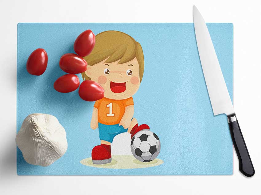 Footballer Standing On Ball Baby Blue Glass Chopping Board