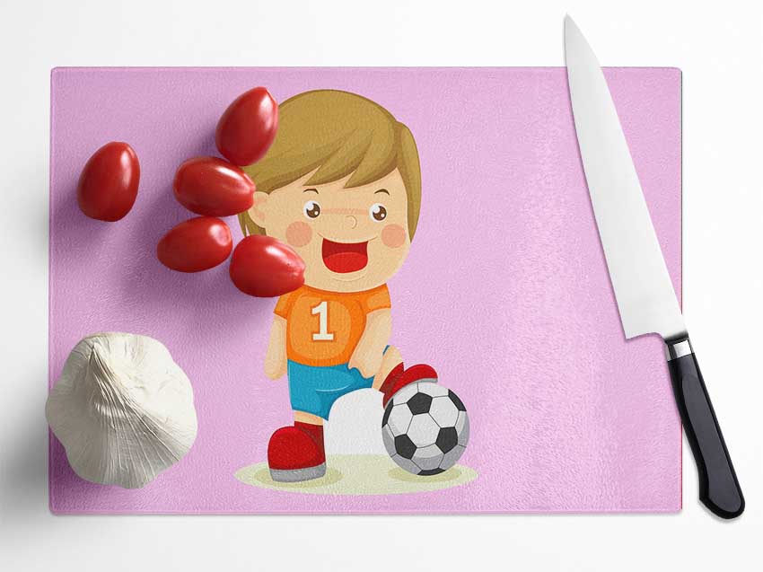 Footballer Standing On Ball Pink Glass Chopping Board