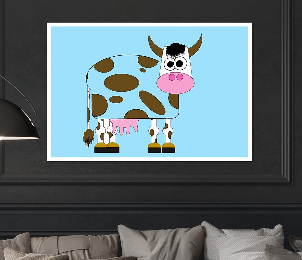 Funny Cow With Hair Baby Blue Print Poster Wall Art