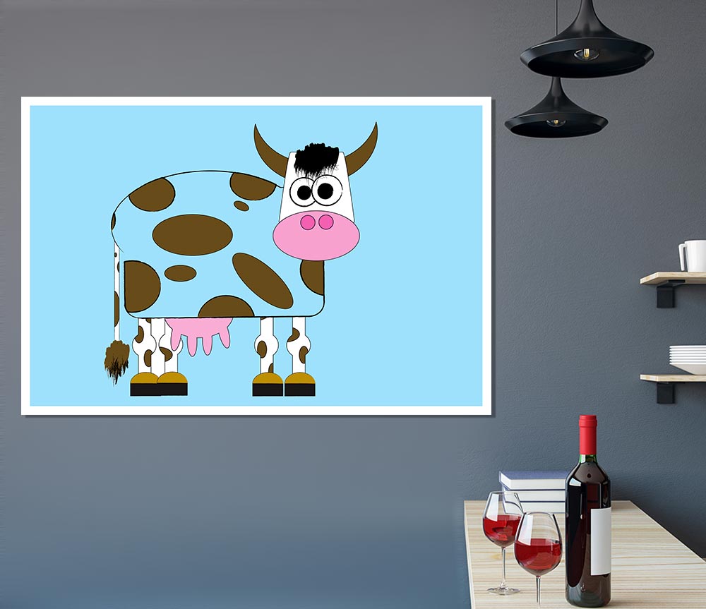 Funny Cow With Hair Baby Blue Print Poster Wall Art