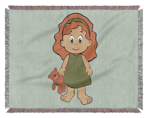 Girl With Teddy Bear Baby Blue Woven Blanket