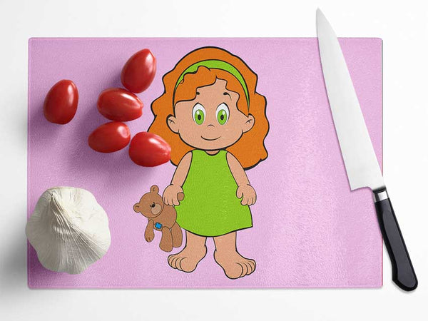 Girl With Teddy Bear Pink Glass Chopping Board