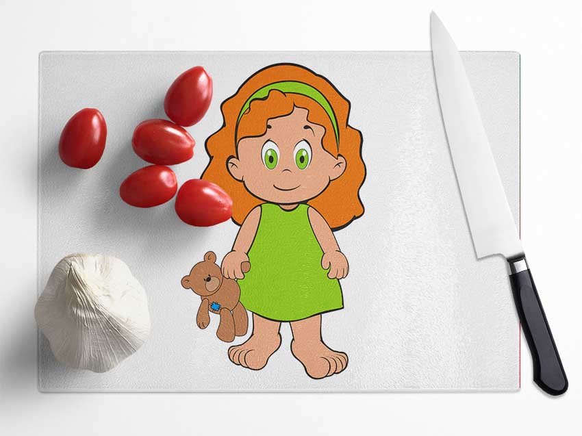 Girl With Teddy Bear White Glass Chopping Board