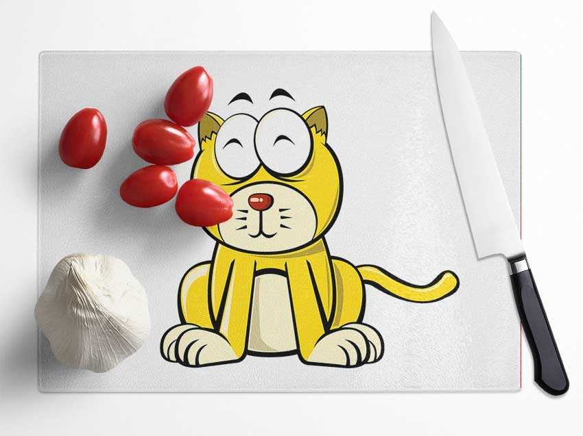 Happy Cat Sitting White Glass Chopping Board