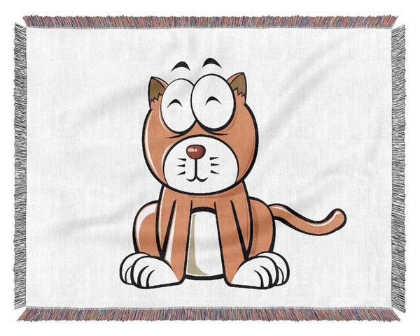 Happy Cat Sitting White Woven Blanket