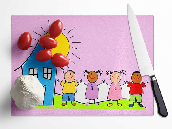 Happy Children In The Sun Pink Glass Chopping Board