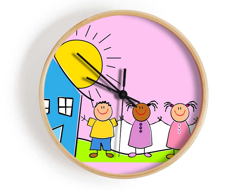 Happy Children In The Sun Pink Clock - Wallart-Direct UK