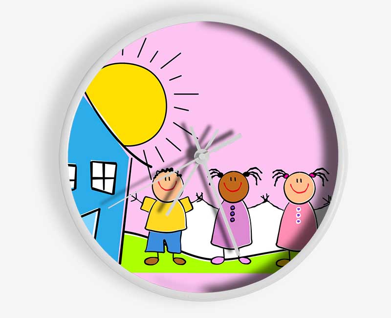 Happy Children In The Sun Pink Clock - Wallart-Direct UK