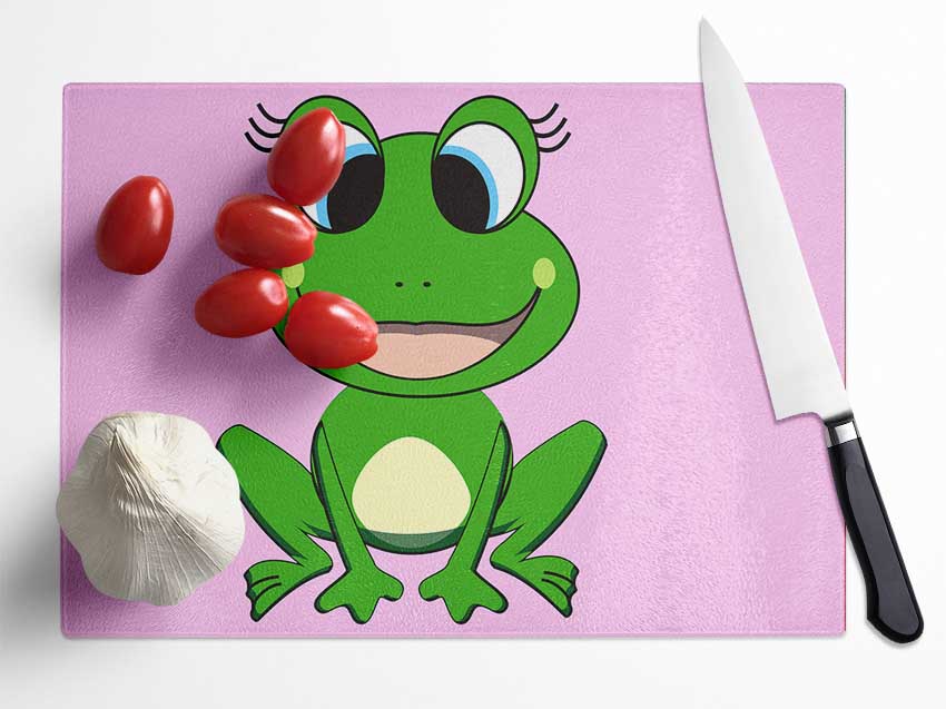 Happy Frog Ready To Leap Pink Glass Chopping Board