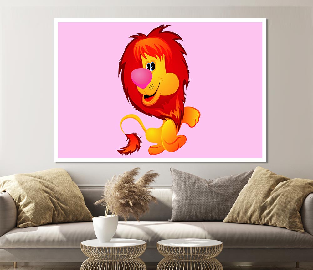 Happy Lion Pink Print Poster Wall Art