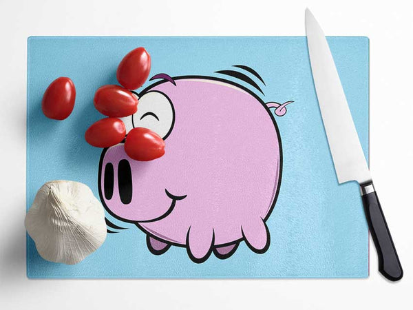 Happy Pig Smiling Baby Blue Glass Chopping Board