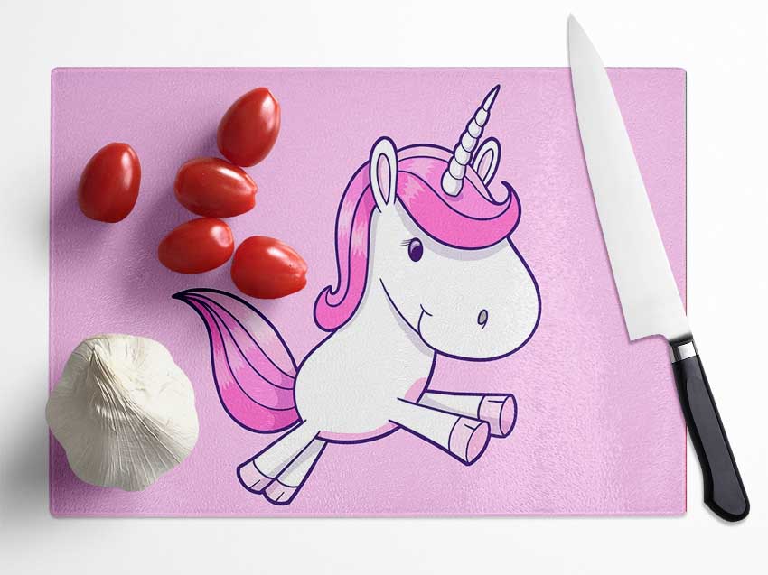 Leaping Unicorn Pink Glass Chopping Board