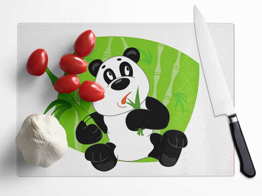 Panda Eating Bamboo White Glass Chopping Board