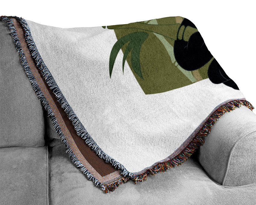 Panda Eating Bamboo White Woven Blanket