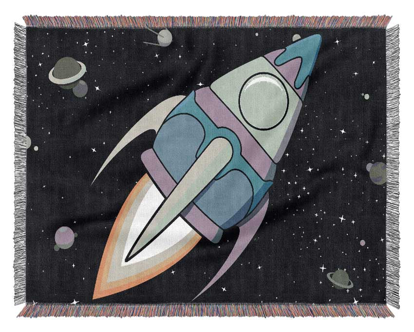 Rocket Ship White Woven Blanket